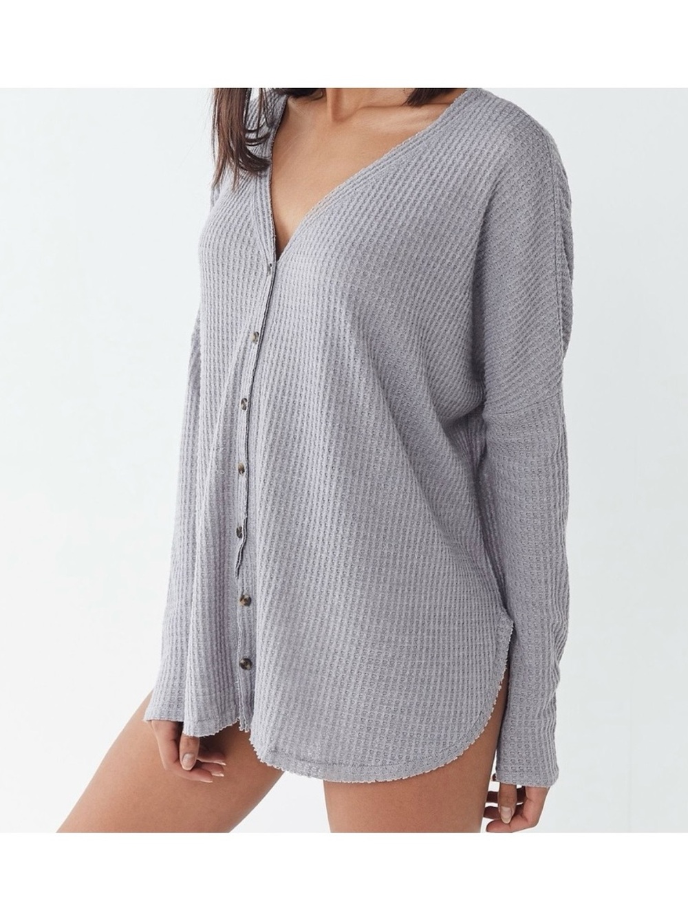 Urban Outfitters Light Gray Waffle Knit Button-Up Top